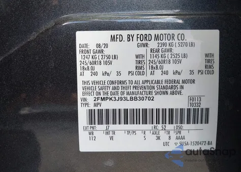 2020 Ford Edge Sel из США, поврежденный, VIN 2FMPK3J93LBB30702